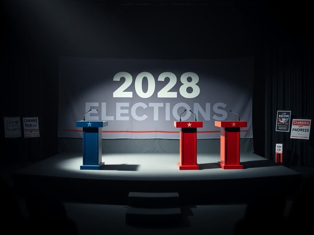 Flick International Empty debate stage with Democratic and Republican podiums symbolizing election dynamics