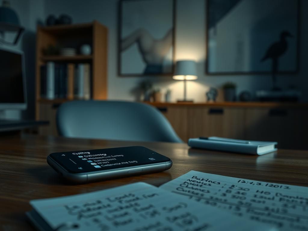 Flick International A dimly lit modern home office featuring a smartphone and notepad, symbolizing the investigation into Gene Hackman's death.