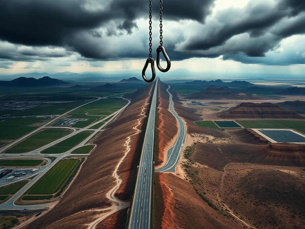 Flick International A dramatic aerial view of the U.S.-Mexico border highlighting the border wall separating thriving agricultural fields and a desolate environment.