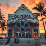 Flick International Cinema facade of O Cinema in Miami Beach with palm trees and sunset