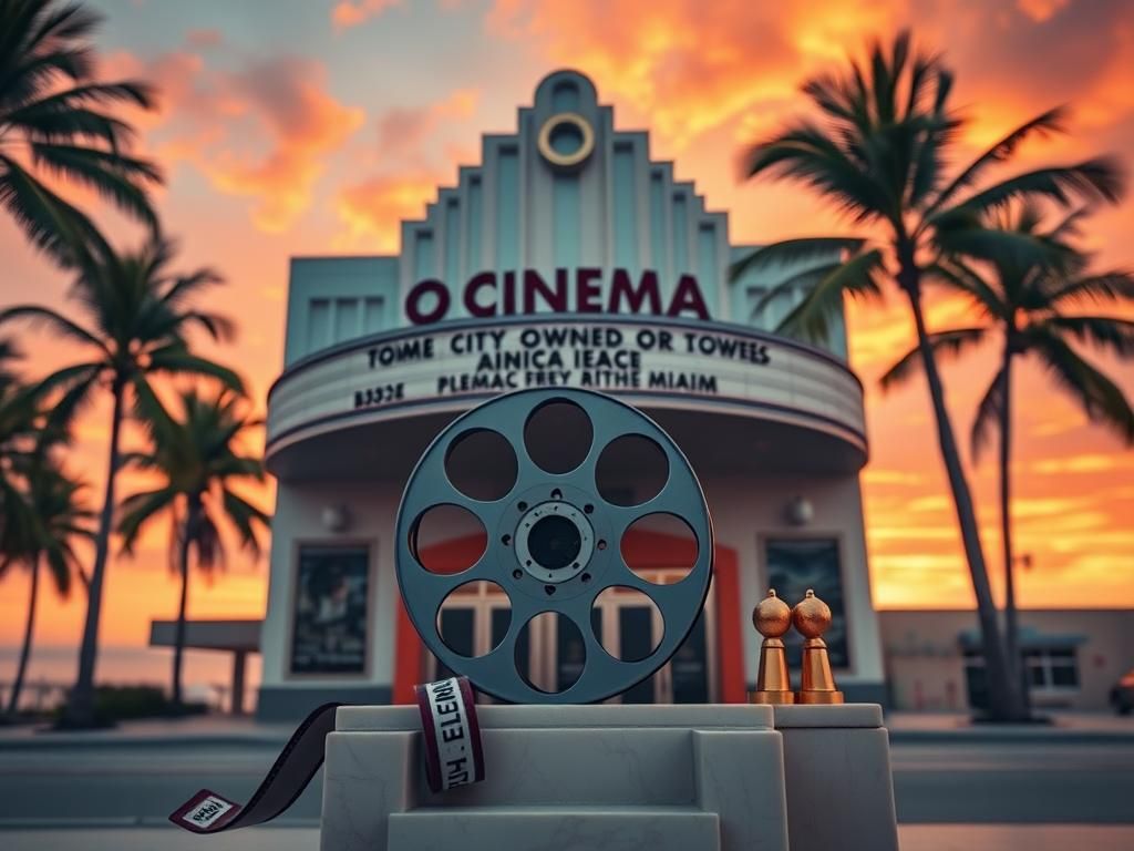 Flick International Cinema facade of O Cinema in Miami Beach with palm trees and sunset