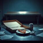 Flick International Interior of a dimly lit police station with an open pizza box on the table