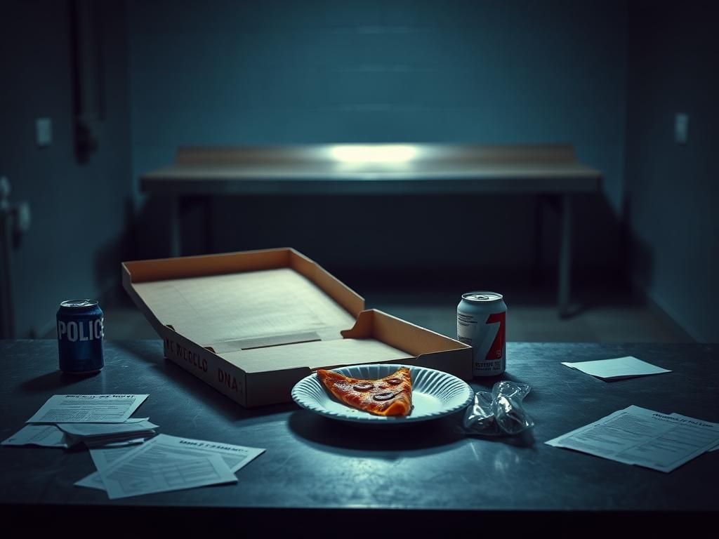 Flick International Interior of a dimly lit police station with an open pizza box on the table