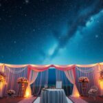 Flick International Starry night sky over a beautiful wedding venue with fairy lights and floral decorations