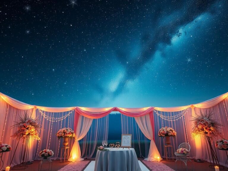 Flick International Starry night sky over a beautiful wedding venue with fairy lights and floral decorations