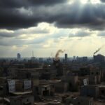 Flick International A desolate urban landscape in Gaza showing a skyline filled with collapsed buildings and rising smoke from airstrikes