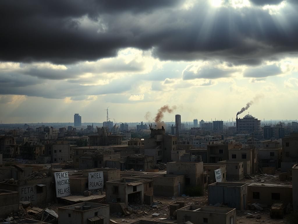 Flick International A desolate urban landscape in Gaza showing a skyline filled with collapsed buildings and rising smoke from airstrikes