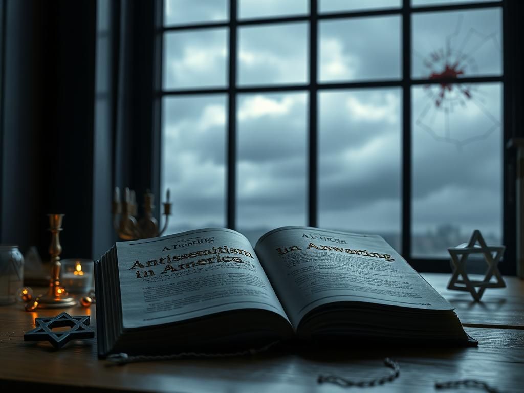 Flick International An open book titled 'Antisemitism in America: A Warning' resting on a wooden table with cultural symbols surrounding it.