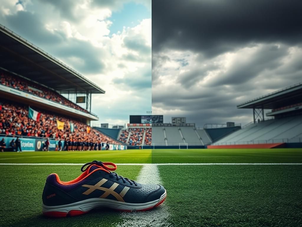 Flick International A split scene showing a vibrant women's sports arena and a shadowy empty playing field representing gender inclusion conflict