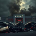 Flick International Dark smoke-filled sky over a damaged Tesla dealership with charred vehicles