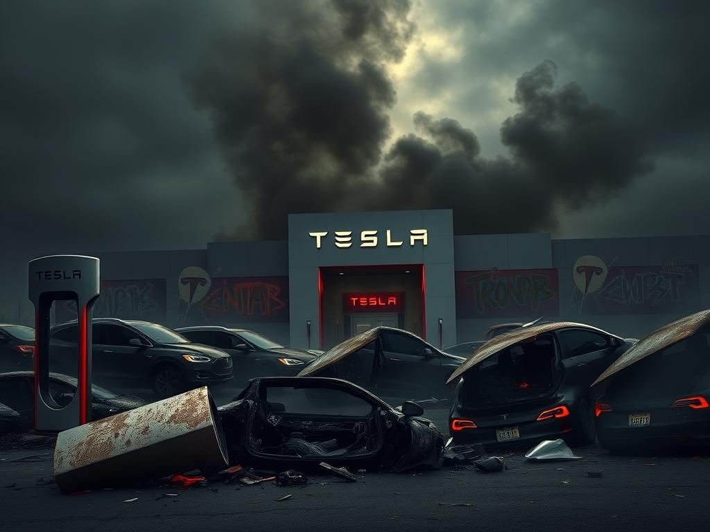 Flick International Dark smoke-filled sky over a damaged Tesla dealership with charred vehicles