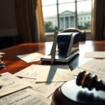 Flick International Close-up view of an autopen machine on a polished wooden desk with official documents and a blurred White House background