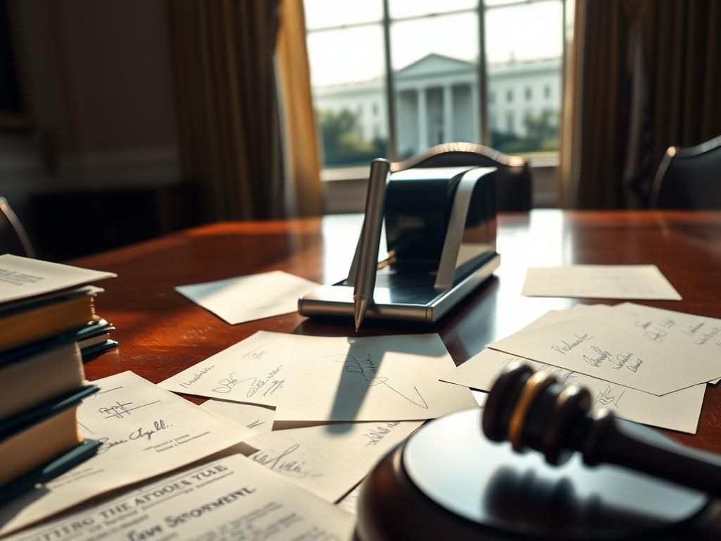 Flick International Close-up view of an autopen machine on a polished wooden desk with official documents and a blurred White House background