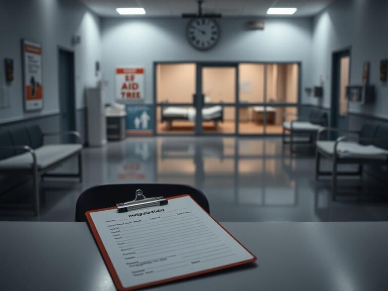 Flick International Empty hospital reception area with a immigration status form on a desk