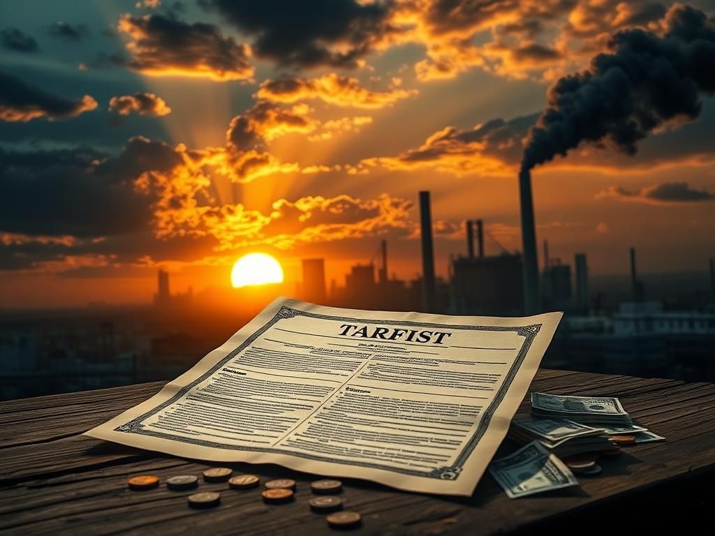 Flick International Dramatic city skyline at dawn with rising sun and tariff document