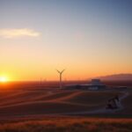 Flick International Vast Texas landscape at sunrise featuring a data center complex amidst wind turbines and solar panels