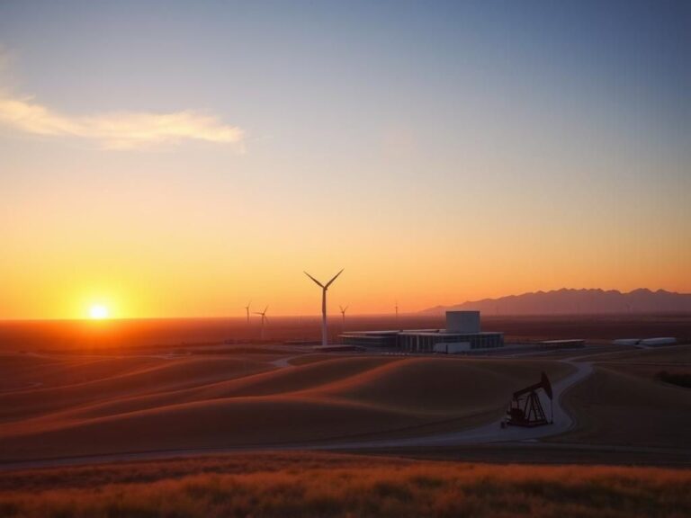 Flick International Vast Texas landscape at sunrise featuring a data center complex amidst wind turbines and solar panels