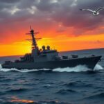 Flick International USS Gravely, a U.S. Navy warship, sails through turbulent waters during sunset