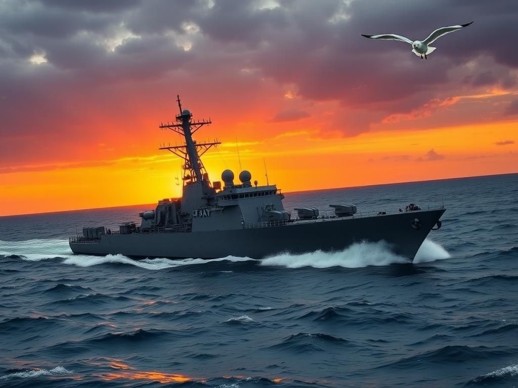 Flick International USS Gravely, a U.S. Navy warship, sails through turbulent waters during sunset