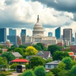 Flick International Modern Texas skyline with community garden and Capitol building