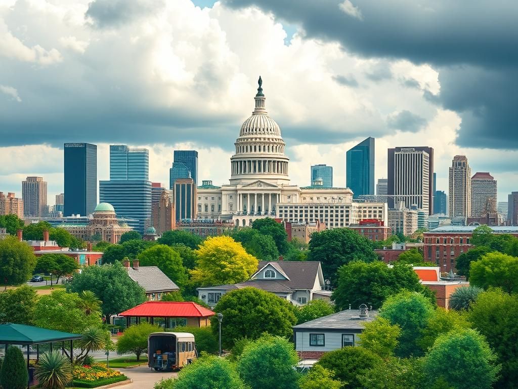 Flick International Modern Texas skyline with community garden and Capitol building