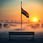 Flick International Vibrant rainbow flag billowing in the breeze at a military base at dawn