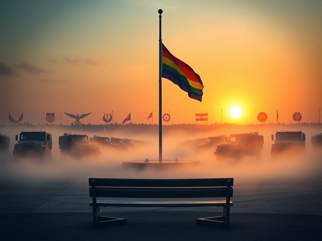 Flick International Vibrant rainbow flag billowing in the breeze at a military base at dawn