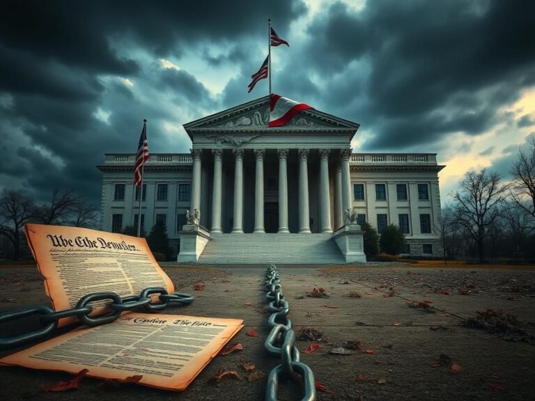 Flick International Crumbling facade of a classical government building representing democracy under threat