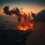 Flick International Aerial view of the Gaza Strip during twilight with smoke from explosions