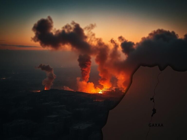 Flick International Aerial view of the Gaza Strip during twilight with smoke from explosions