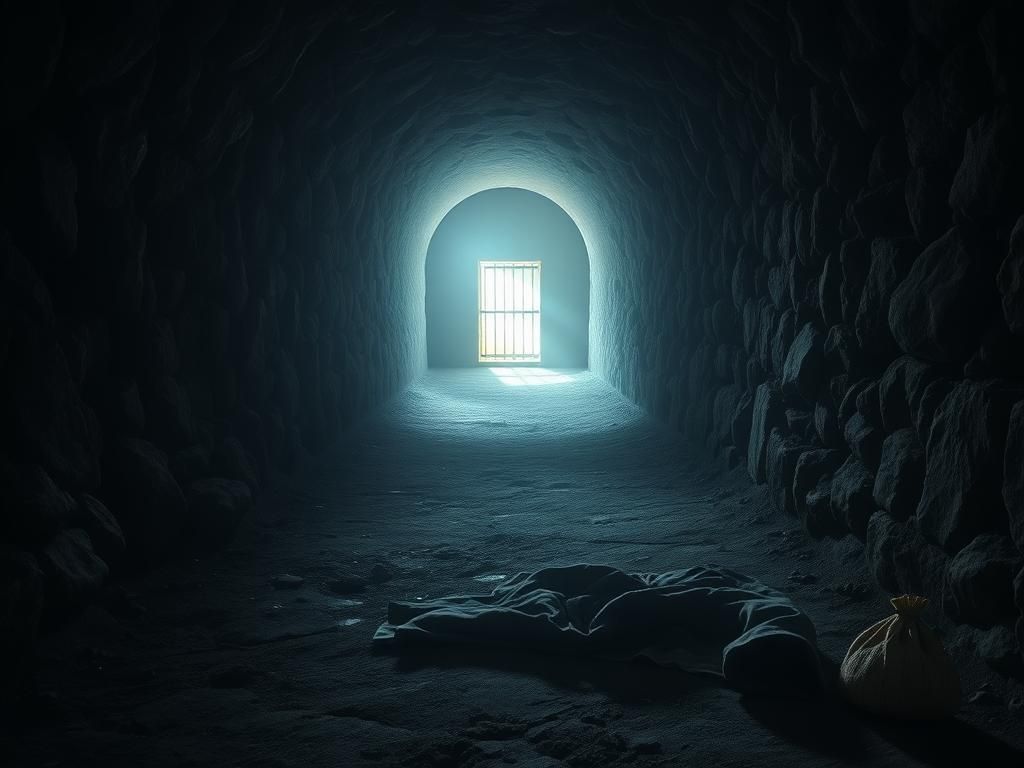Flick International A dimly lit underground tunnel symbolizing captivity with a worn blanket on the ground
