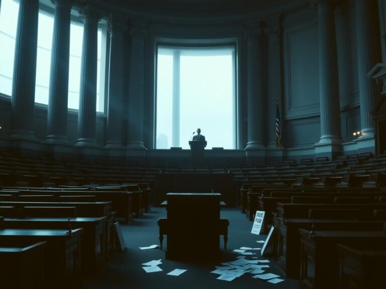 Flick International Empty Senate chamber with ornate architecture and shadows