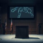 Flick International Dimly lit courtroom with an empty witness stand and American flag