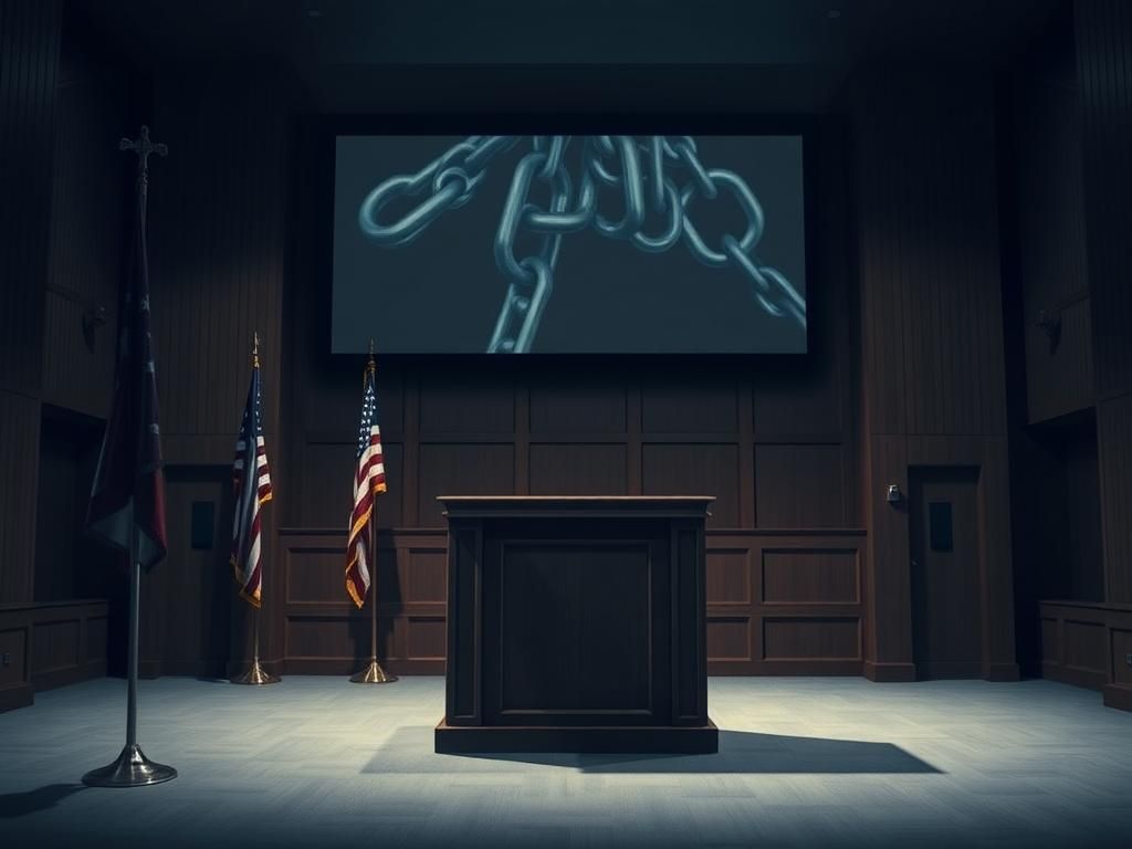 Flick International Dimly lit courtroom with an empty witness stand and American flag