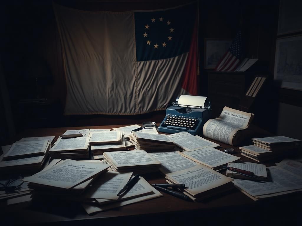 Flick International Dimly lit room with stacks of aged government documents and a vintage typewriter symbolizing JFK's era