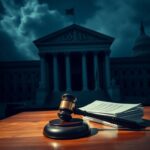 Flick International Dramatic courtroom setting showcasing a large federal courthouse with a gavel and legal documents in the foreground.