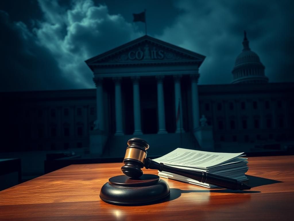 Flick International Dramatic courtroom setting showcasing a large federal courthouse with a gavel and legal documents in the foreground.