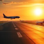 Flick International Busy airport runway at Chicago Midway Airport during sunset with sun glare