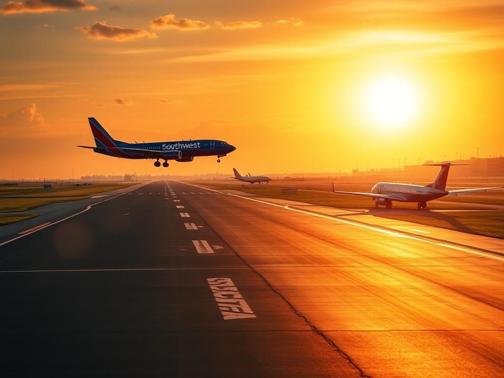 Flick International Busy airport runway at Chicago Midway Airport during sunset with sun glare