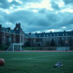 Flick International A somber view of the University of Pennsylvania campus at dusk with an empty sports field symbolizing women's athletics