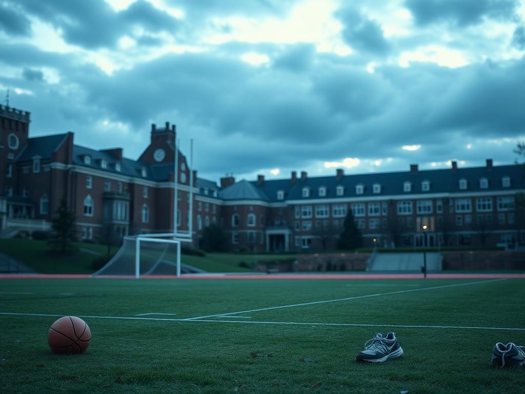 Flick International A somber view of the University of Pennsylvania campus at dusk with an empty sports field symbolizing women's athletics