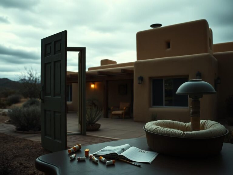 Flick International somber scene of a luxurious home in New Mexico, with a half-open front door and faint outline of a vintage cane