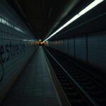 Flick International A nearly empty subway station in New York City with graffiti stating 'Restore Order'