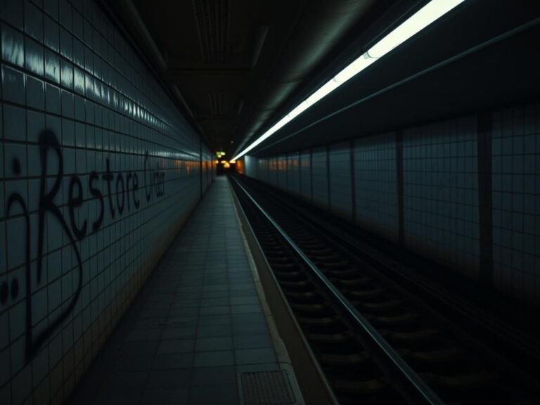 Flick International A nearly empty subway station in New York City with graffiti stating 'Restore Order'