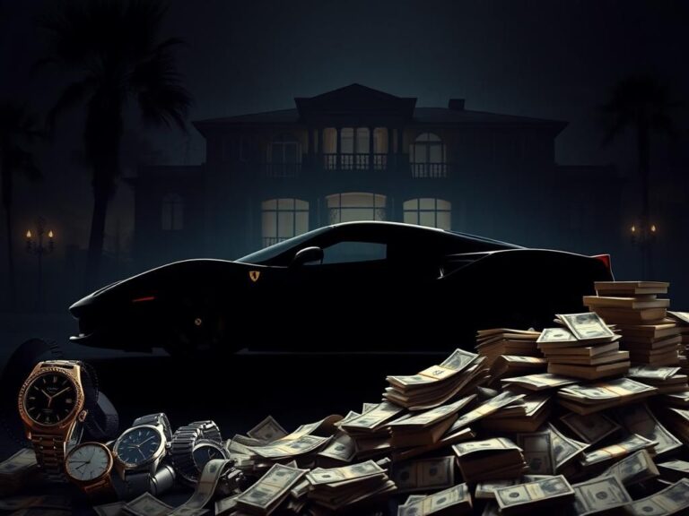 Flick International luxury sports car parked next to an opulent mansion symbolizing Hollywood crime