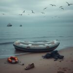 Flick International A deflated rubber dinghy on a deserted Mediterranean coastline, symbolizing the tragedy of migrants