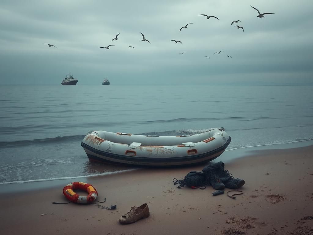 Flick International A deflated rubber dinghy on a deserted Mediterranean coastline, symbolizing the tragedy of migrants