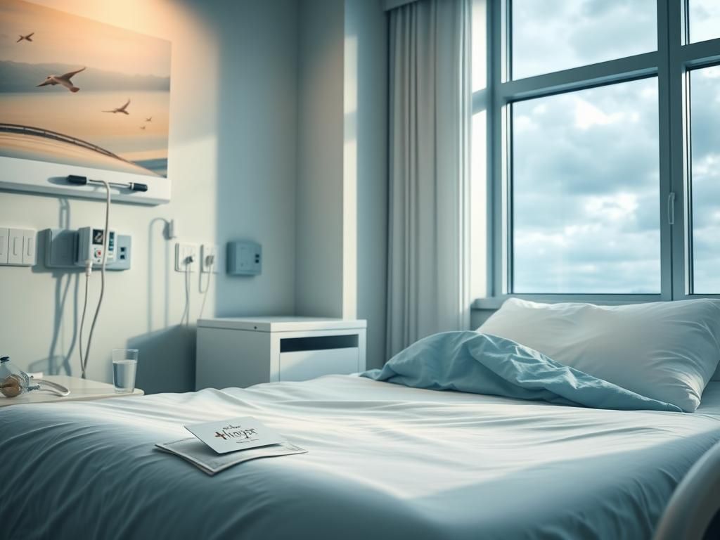 Flick International A serene hospital room featuring a well-made bed and an oxygen mask, symbolizing Pope Francis' recovery.