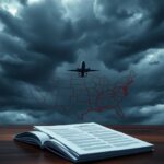 Flick International High-angle view of dark storm clouds over a faded airplane silhouette and U.S. map depicting immigration borders