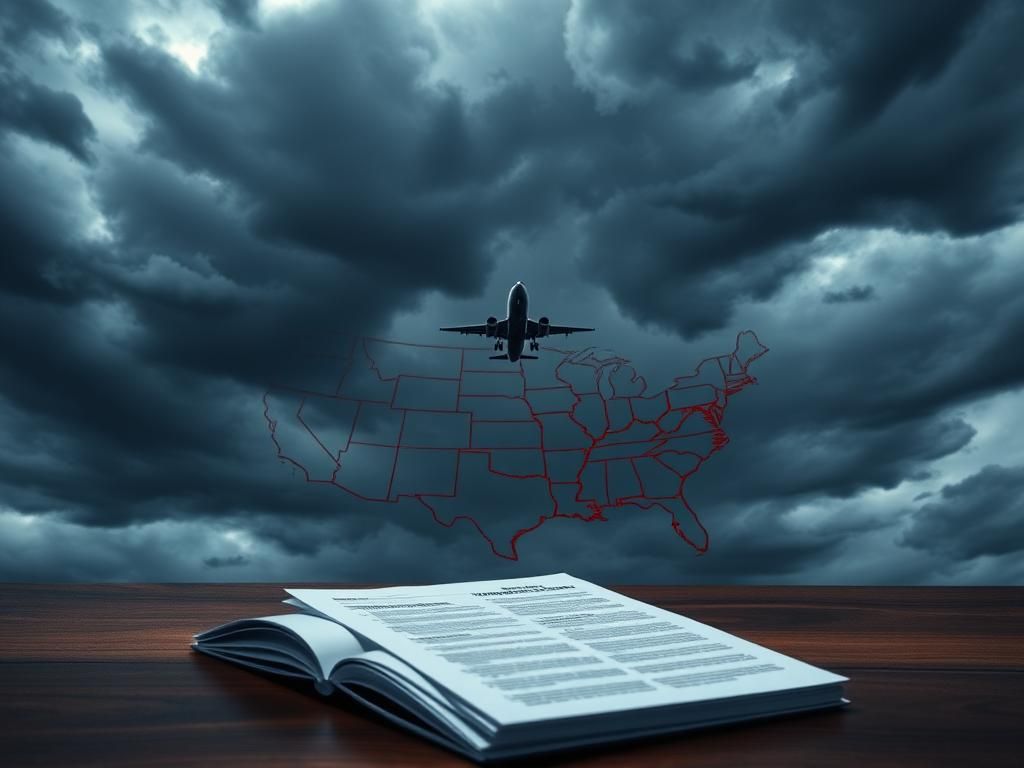 Flick International High-angle view of dark storm clouds over a faded airplane silhouette and U.S. map depicting immigration borders